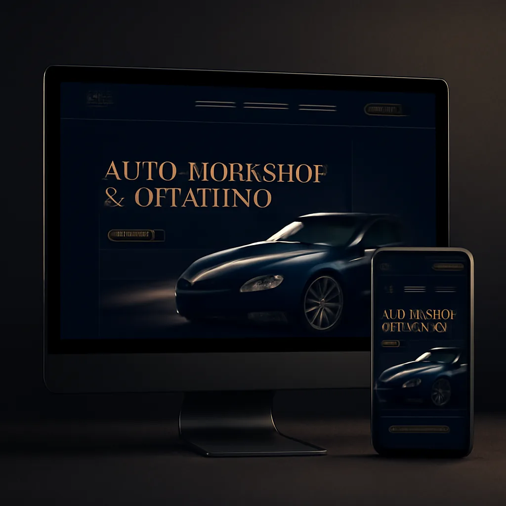 Auto workshop and car detailing website mockup with before and after gallery on desktop and mobile