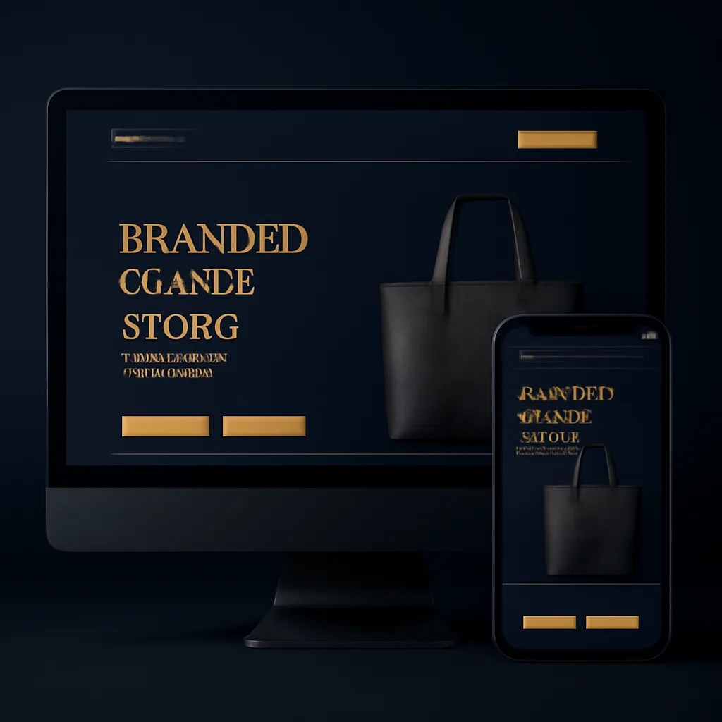 Branded goods ecommerce website mockup with premium product pages on desktop and mobile