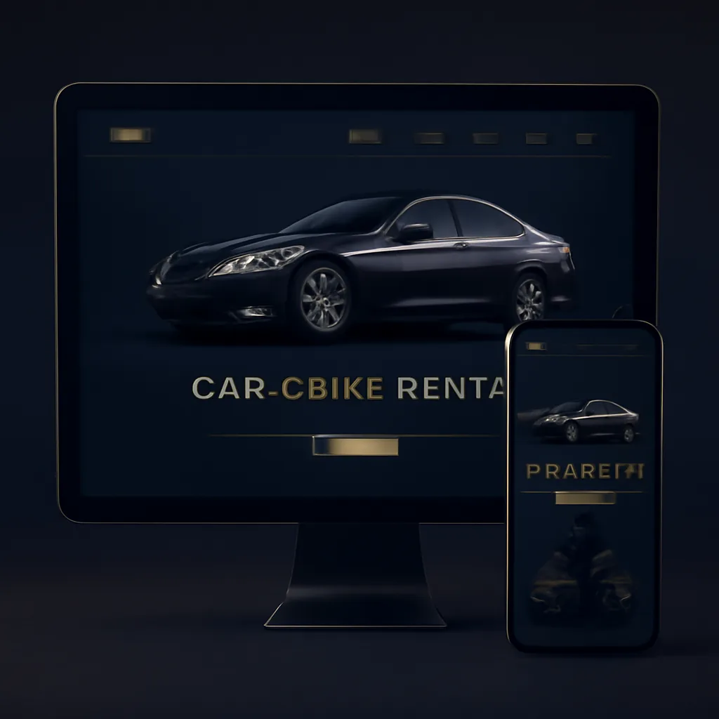 Car and bike rental booking website mockup with transparent pricing on desktop and mobile