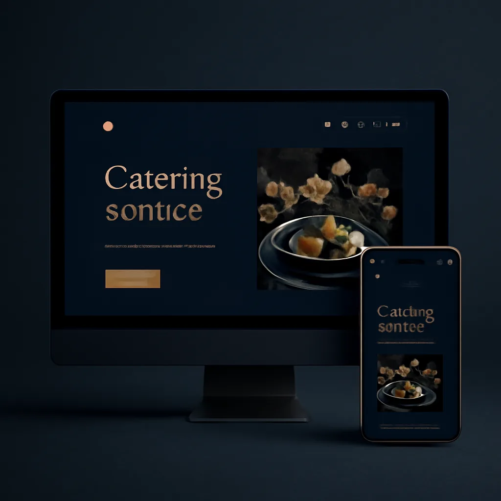 Catering service website mockup with interactive menu on desktop and mobile