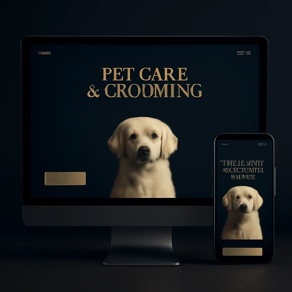 Pet care and grooming website mockup with overnight stay booking on desktop and mobile