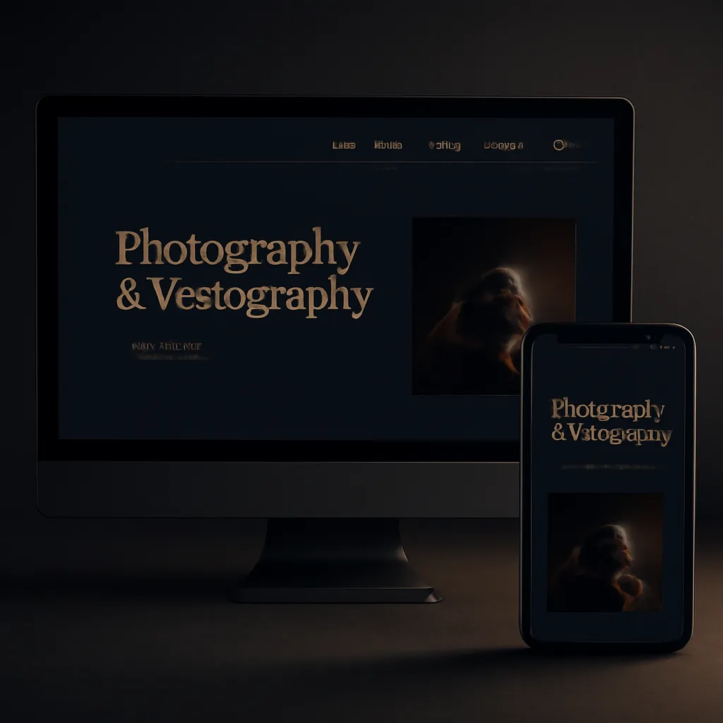 Photography and videography portfolio website mockup with fast galleries on desktop and mobile