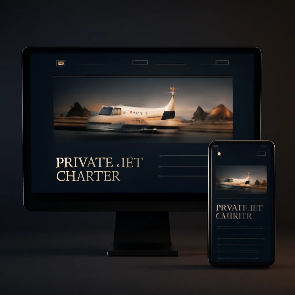Private jet charter rental website mockup with dark luxury layout on desktop and mobile