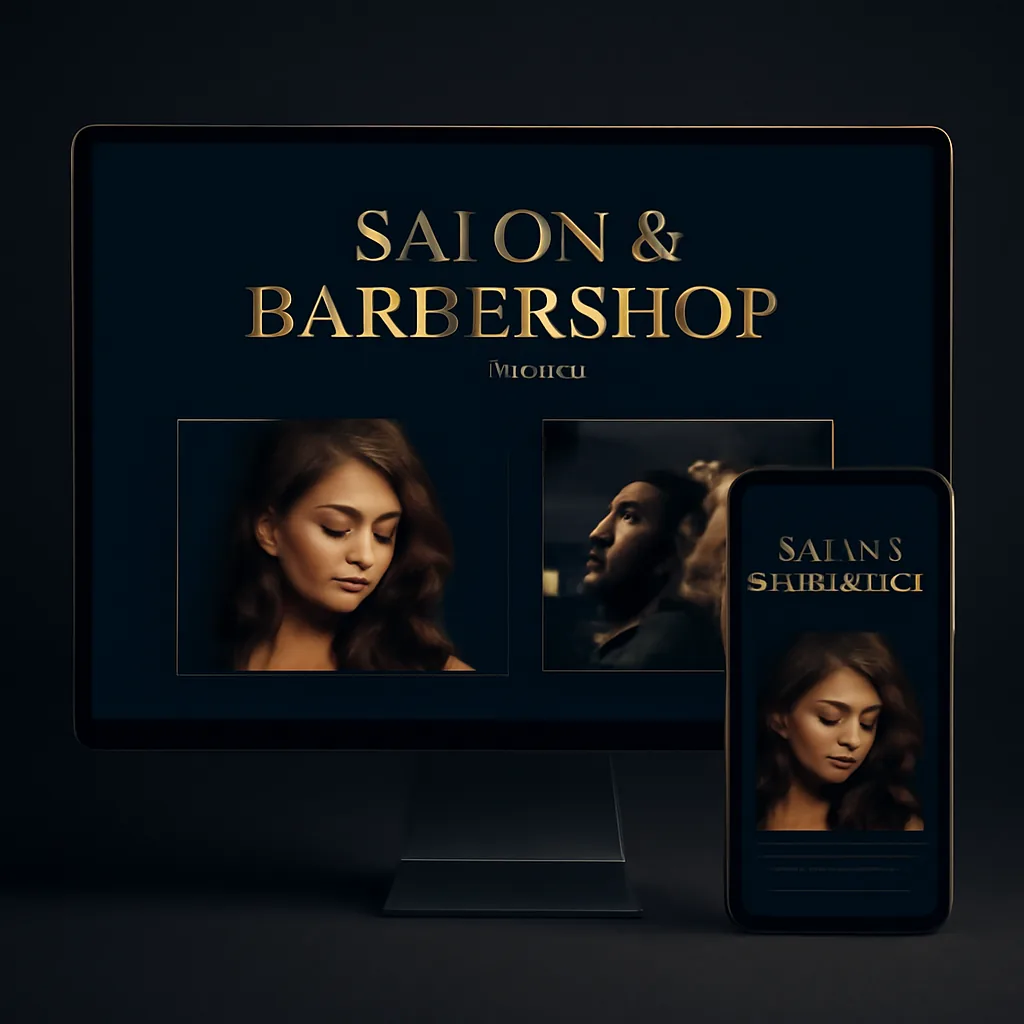 Salon and barbershop website mockup with stylist availability on desktop and mobile